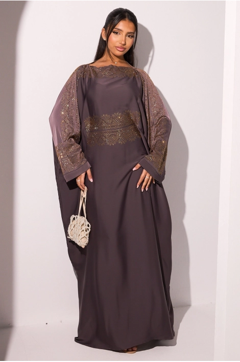 Abaya gris violet à empiècement doré + voile