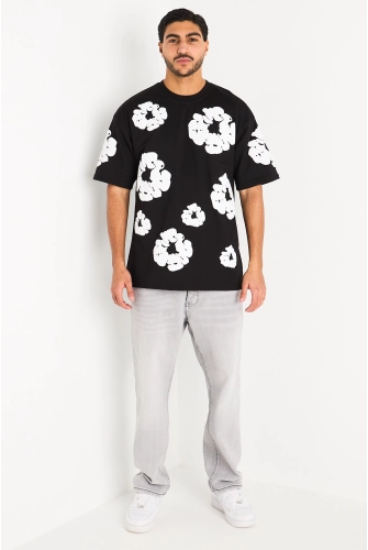 Tee-shirt noir basic à motif floraux blanc