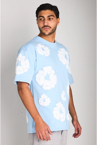 Tee-shirt bleu clair basic à motif floraux blanc