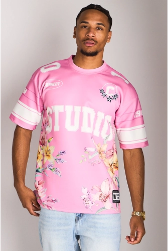 Tee-shirt rose à motifs floraux et inscriptions
