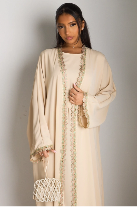 Ensemble deux pièces beige robe + kimono à broderie