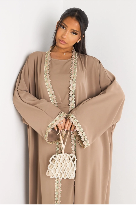 Ensemble deux pièces taupe robe + kimono à broderie