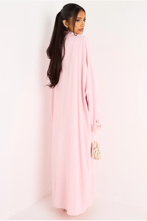 Ensemble deux pièces rose robe + kimono à motifs floraux perlés