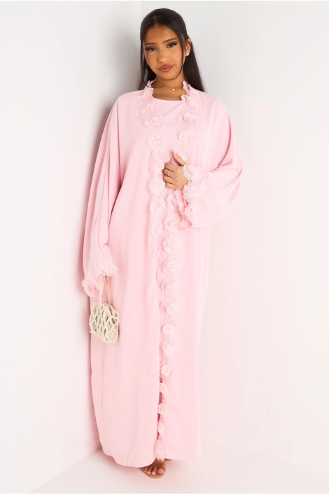 Ensemble deux pièces rose robe + kimono à motifs floraux perlés