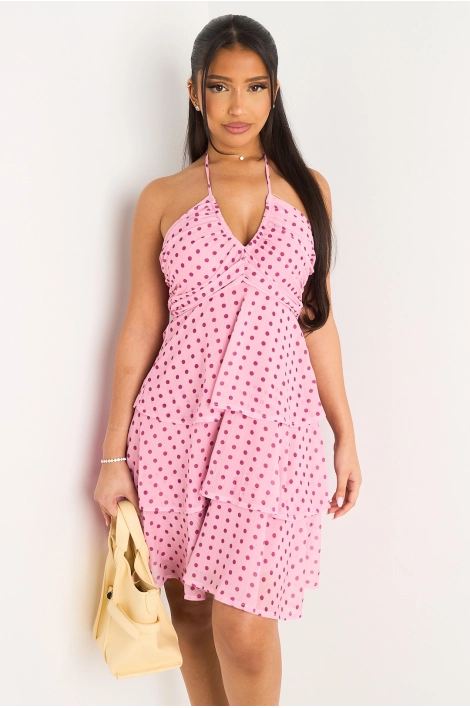 Robe courte rose clair à pois rose foncé et volants