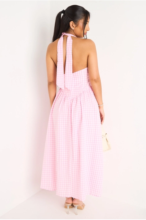 Robe longue rose dos nu à carreaux