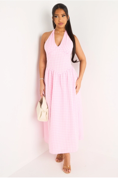 Robe longue rose dos nu à carreaux