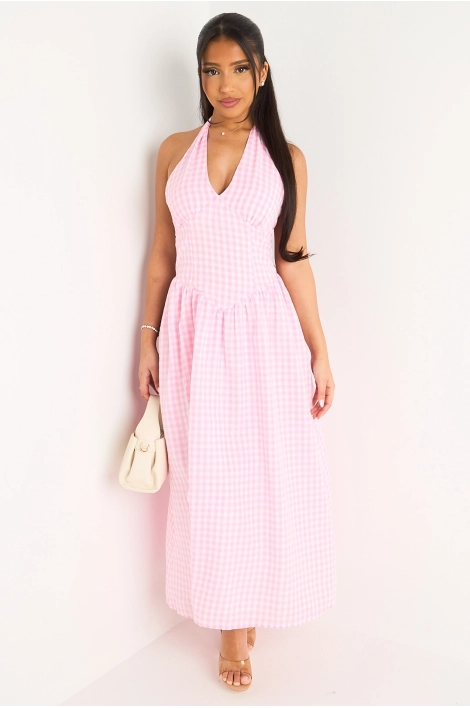 Robe longue rose dos nu à carreaux