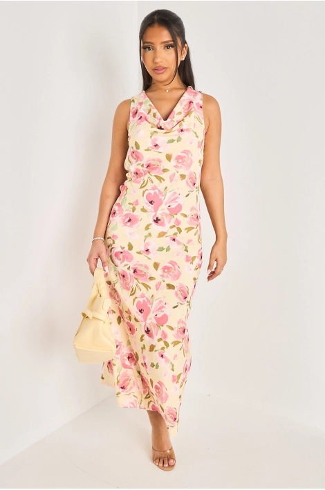 Robe longue jaune à col bénitier et motifs floraux