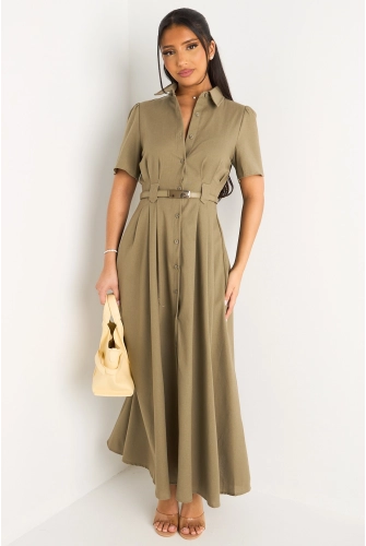Robe longue kaki cintrée à col rabats et manches courtes