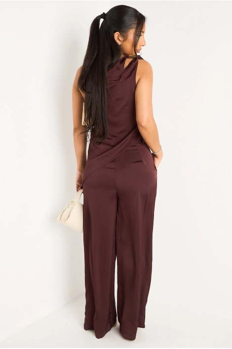 Ensemble deux pièces effet satiné et asymétrique prune top one shoulder + pantalon