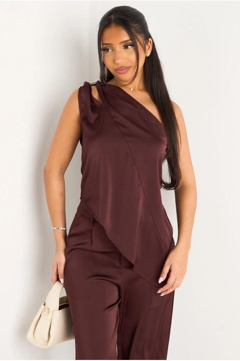 Ensemble deux pièces effet satiné et asymétrique prune top one shoulder + pantalon