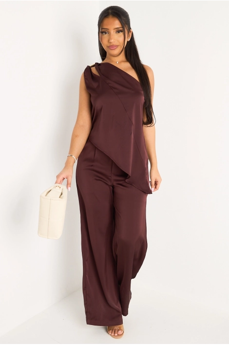 Ensemble deux pièces effet satiné et asymétrique prune top one shoulder + pantalon