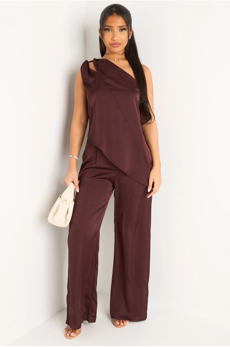 Ensemble deux pièces effet satiné et asymétrique prune top one shoulder + pantalon