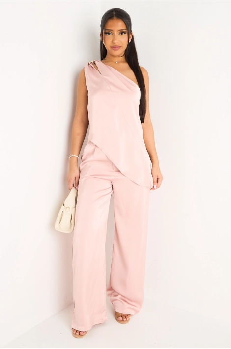 Ensemble deux pièces effet satiné et asymétrique rose top one shoulder + pantalon