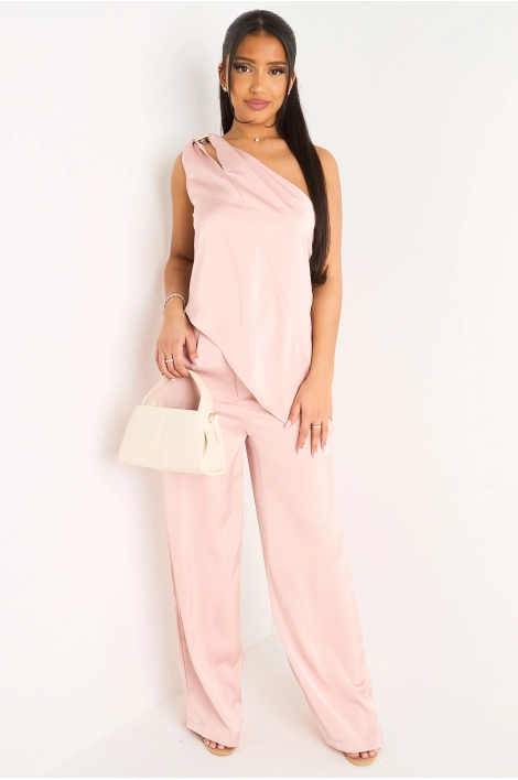 Ensemble deux pièces effet satiné et asymétrique rose top one shoulder + pantalon
