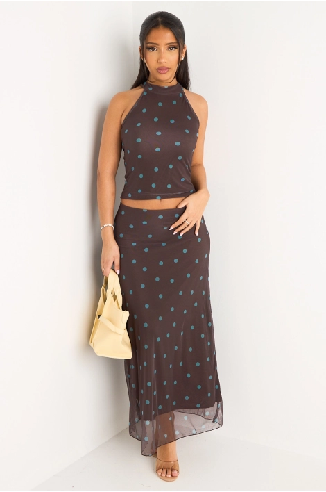 Ensemble deux pièces marron à pois bleu top sans manches à col montant + jupe longue