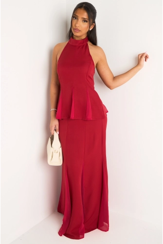 Ensemble deux pièces bordeaux top dos nu + jupe longue