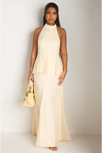Ensemble deux pièces jaune top dos nu + jupe longue