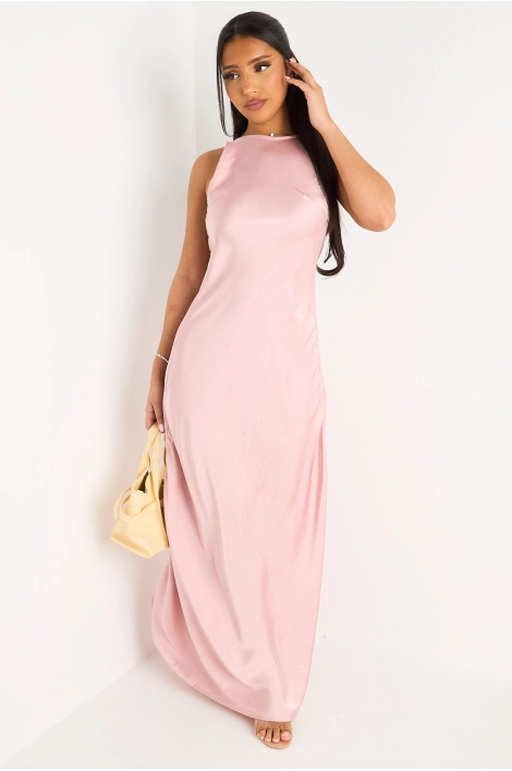Robe longue sans manches effet satiné rose