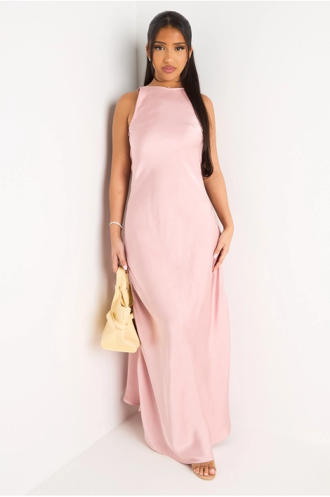 Robe longue sans manches effet satiné rose