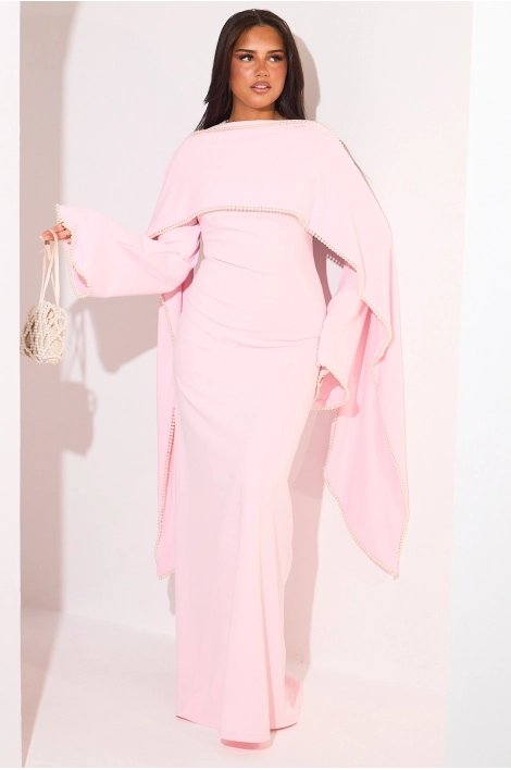 Robe rose perlée à manches pagodes et étole