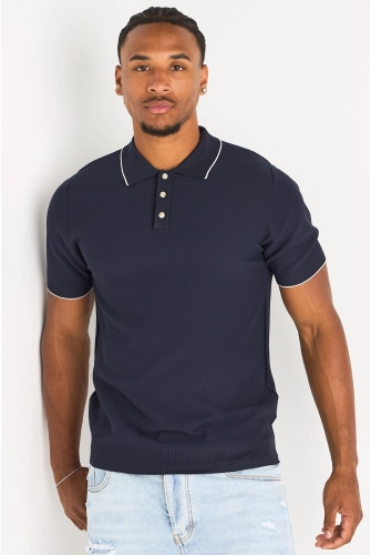 Polo manches courtes bleu foncé à bandes blanches