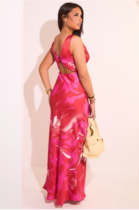 Robe longue marbrée et ajourée à décolleté v rouge