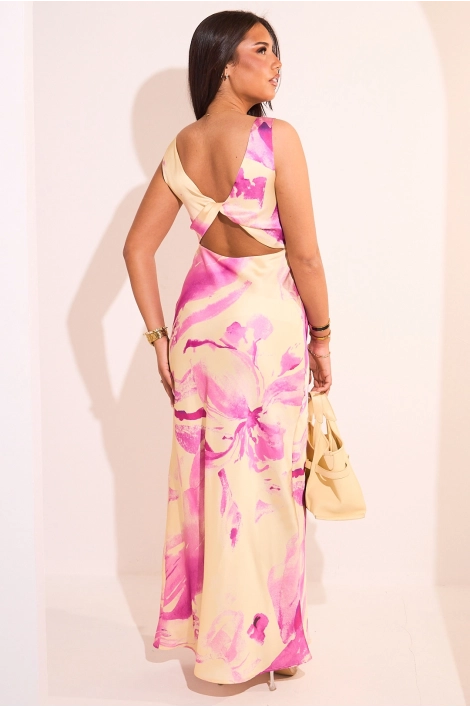 Robe longue marbrée et ajourée à décolleté v jaune