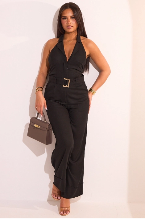 Combinaison pantalon noir à dos nu en lin