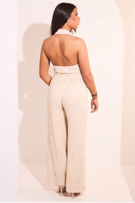 Combinaison pantalon beige à dos nu en lin