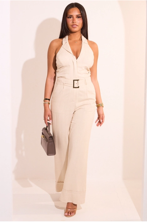 Combinaison pantalon beige à dos nu en lin