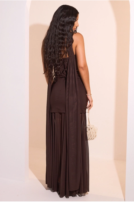 Robe bustier marron à empiècement effet voile