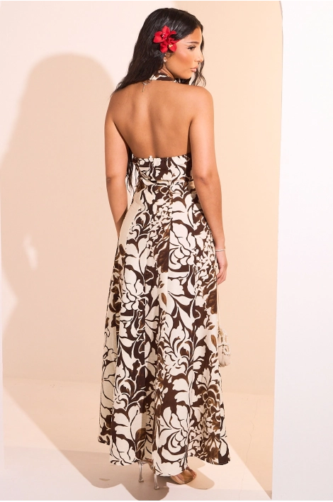 Robe dos nu marron à motifs floraux beige