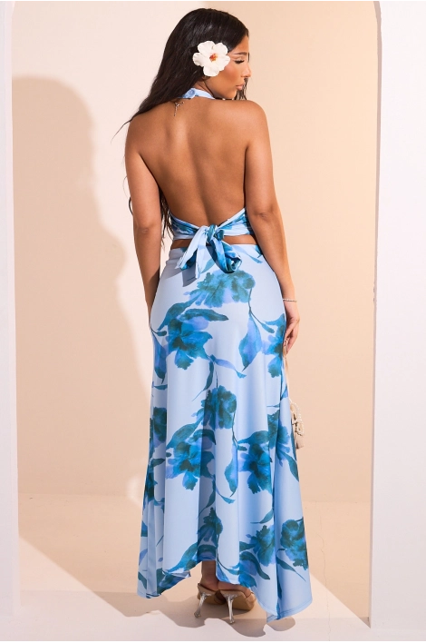 Ensemble deux pièces bleu top dos nu + jupe longue à motifs floraux