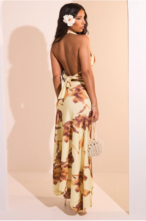Ensemble deux pièces jaune top dos nu + jupe longue à motifs floraux