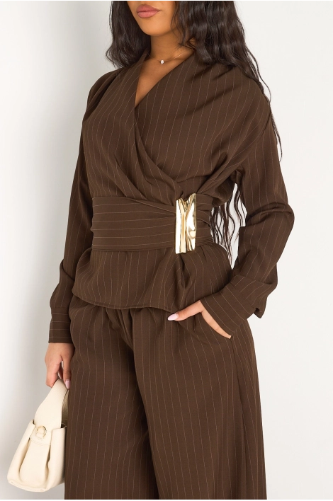 Ensemble deux pièces marron veste style blazer + pantalon à rayures