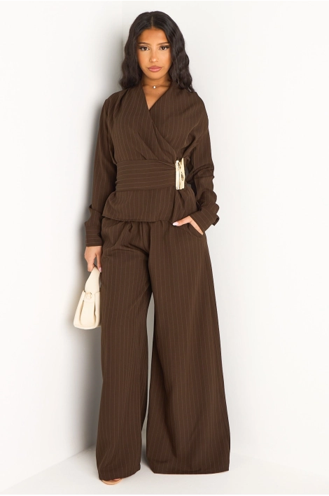 Ensemble deux pièces marron veste style blazer + pantalon à rayures