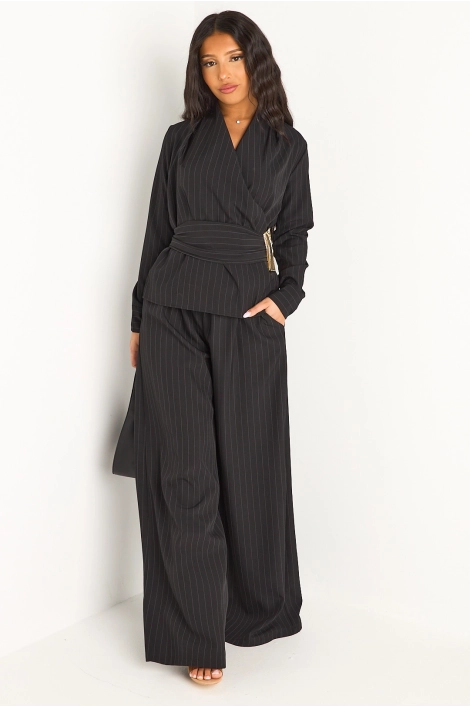 Ensemble deux pièces noir veste style blazer + pantalon à rayures