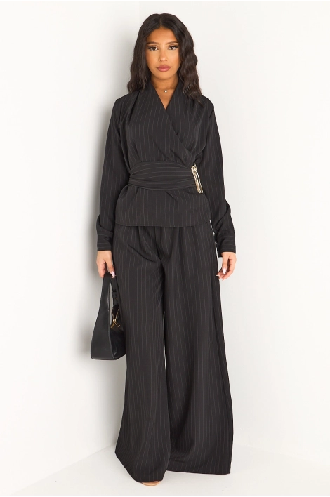 Ensemble deux pièces noir veste style blazer + pantalon à rayures