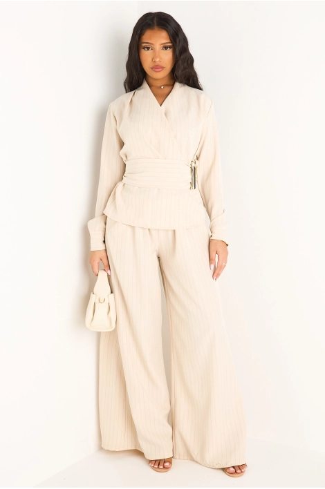 Ensemble deux pièces beige veste style blazer + pantalon à rayures