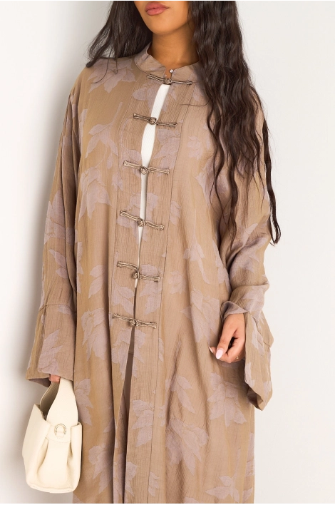 Kimono taupe à motifs floraux