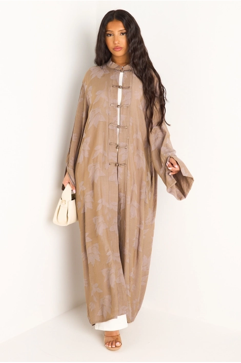 Kimono taupe à motifs floraux