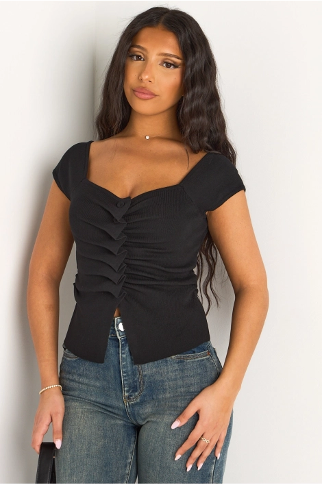 Top noir à col v, manches courtes et effet plissé