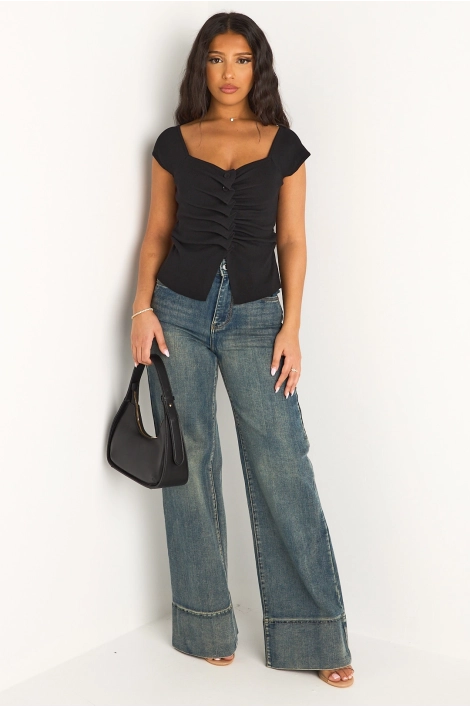 Top noir à col v, manches courtes et effet plissé