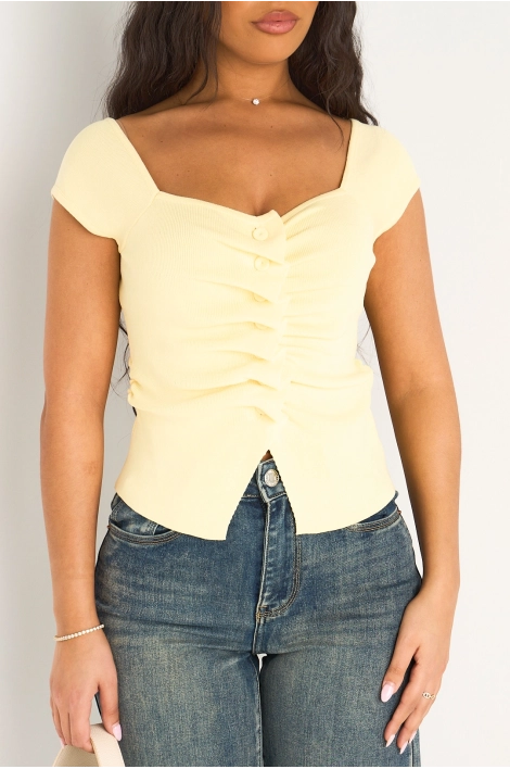 Top jaune à col v, manches courtes et effet plissé