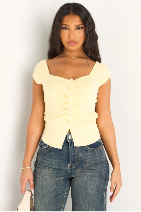 Top jaune à col v, manches courtes et effet plissé