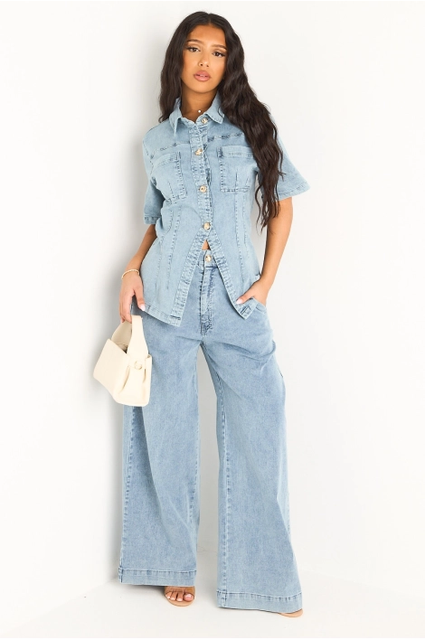 Ensemble en jean bleu clair haut à boutons +pantalon