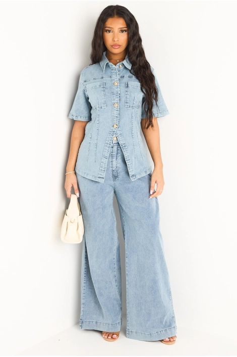 Ensemble en jean bleu clair haut à boutons +pantalon