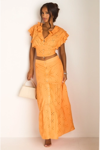 Ensemble deux pièces orange à broderie anglaise top + jupe